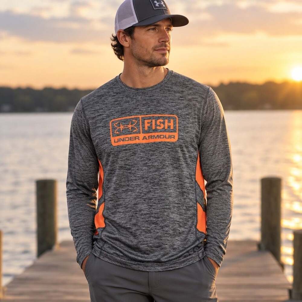 Under Armour Fish HeatGear Long Sleeve Shirt XL Gray Orange Loose Fit